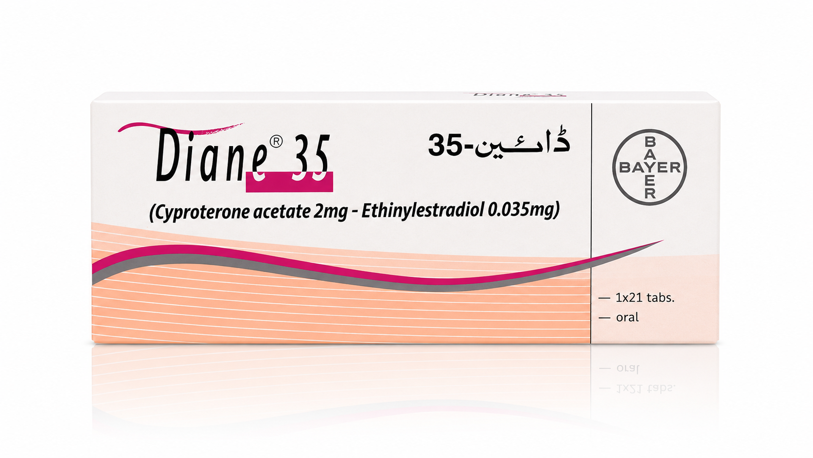 Diane 35 Tablets (Cyproterone Acetate 2mg and Ethinylestradiol 0.035mg) product pack by Bayer on white background