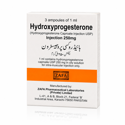 Hydroxyprogesterone Injection containing Hydroxyprogesterone Caproate for progesterone support and gynecological treatment.
