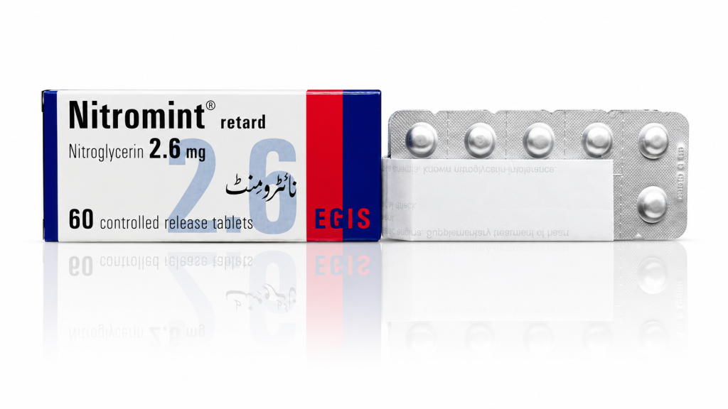 Nitromint Retard 2.6 mg Nitroglycerin controlled release tablets by EGIS for angina and cardiovascular care.