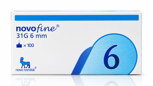 NovoFine 31G 6 mm insulin pen needles, box containing 100 sterile disposable needles manufactured by Novo Nordisk.